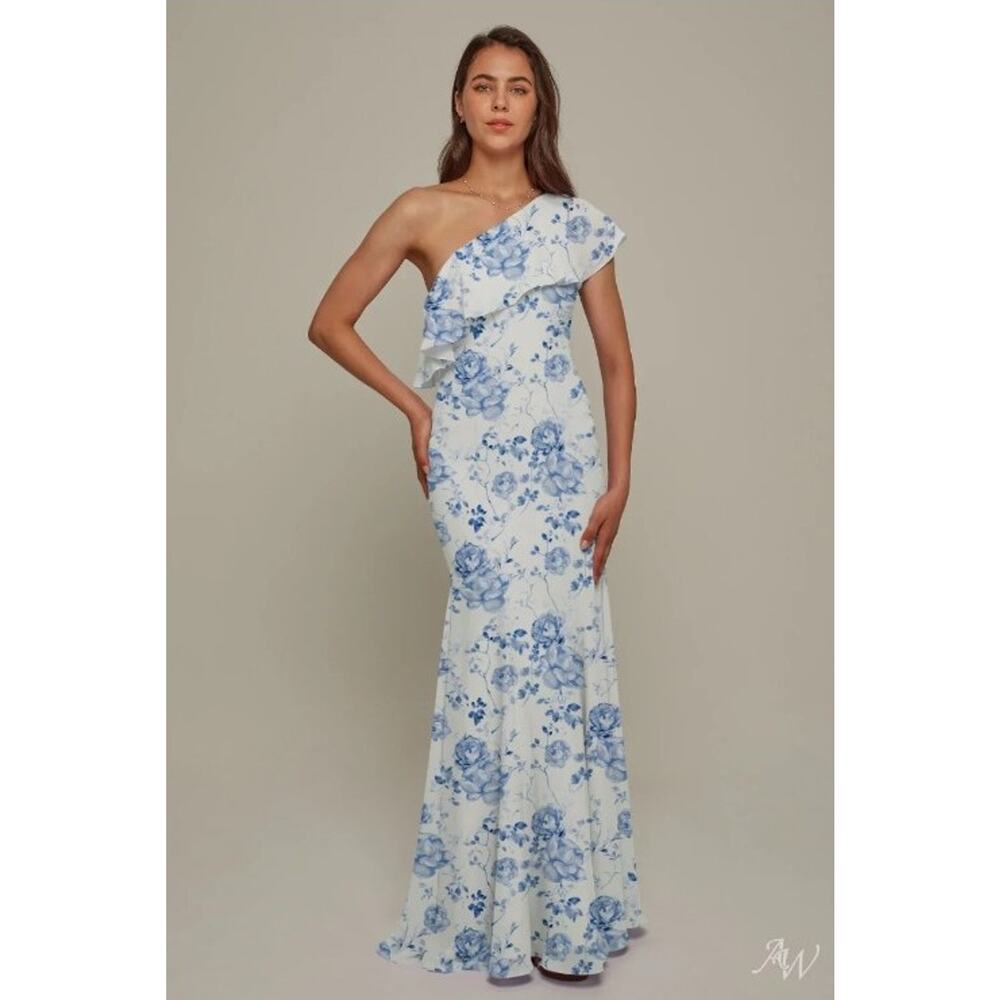 #30 MSRP: $105 NWOT AW BRIDAL FELICIA CHIFFON MERMAID ONE SHOULDER ♡SIZE 14♡
